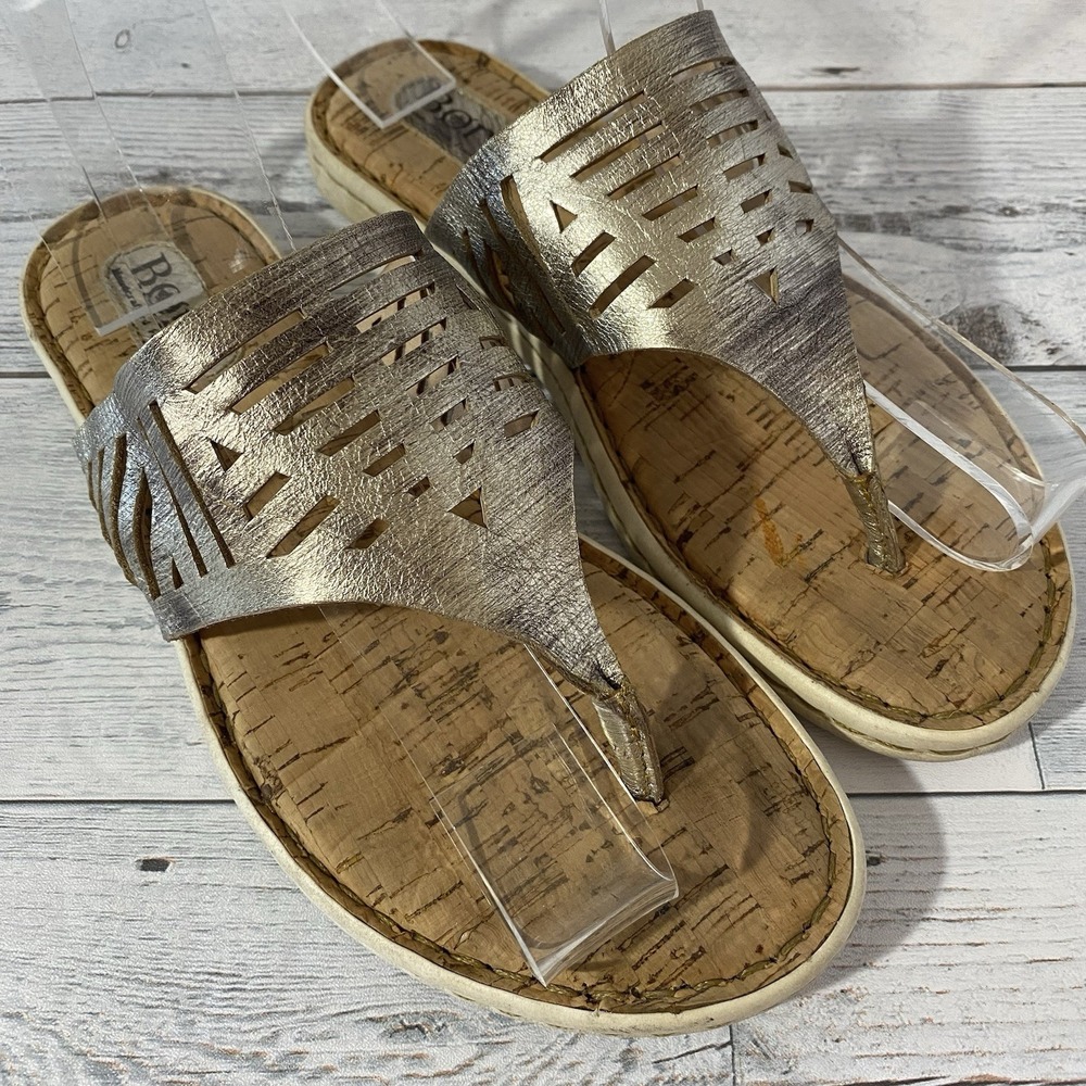 Born Sandals Womens 7 Gold Leather Thong Perforated Slip On Strappy Comfort Shoe